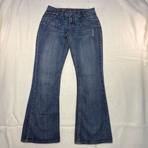 Piama Womens Flare Leg Jeans Blue Denim Low Rise Size 5 Y2K Distressed Pockets